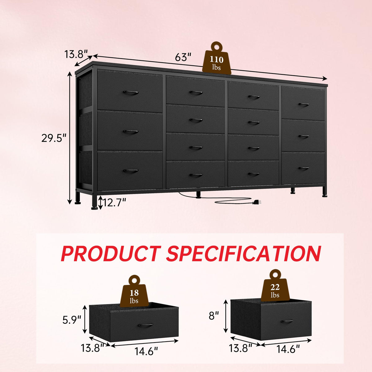 Black 14 Drawer Fabric TV Stand K475258