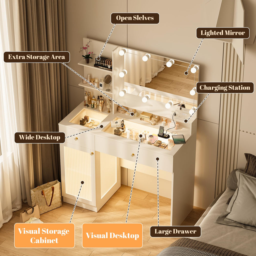 40" White Vanity Desk with Mirror and Lights P482986