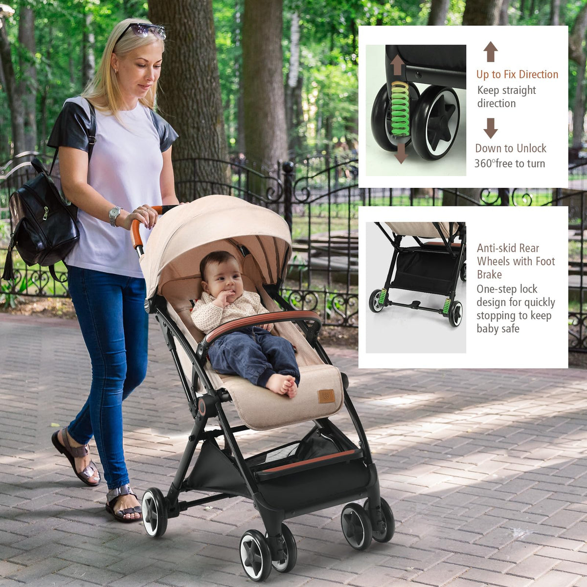 Lightweight Compact Baby Stroller with 5-Point Harness and Storage Basket, Beige G14565