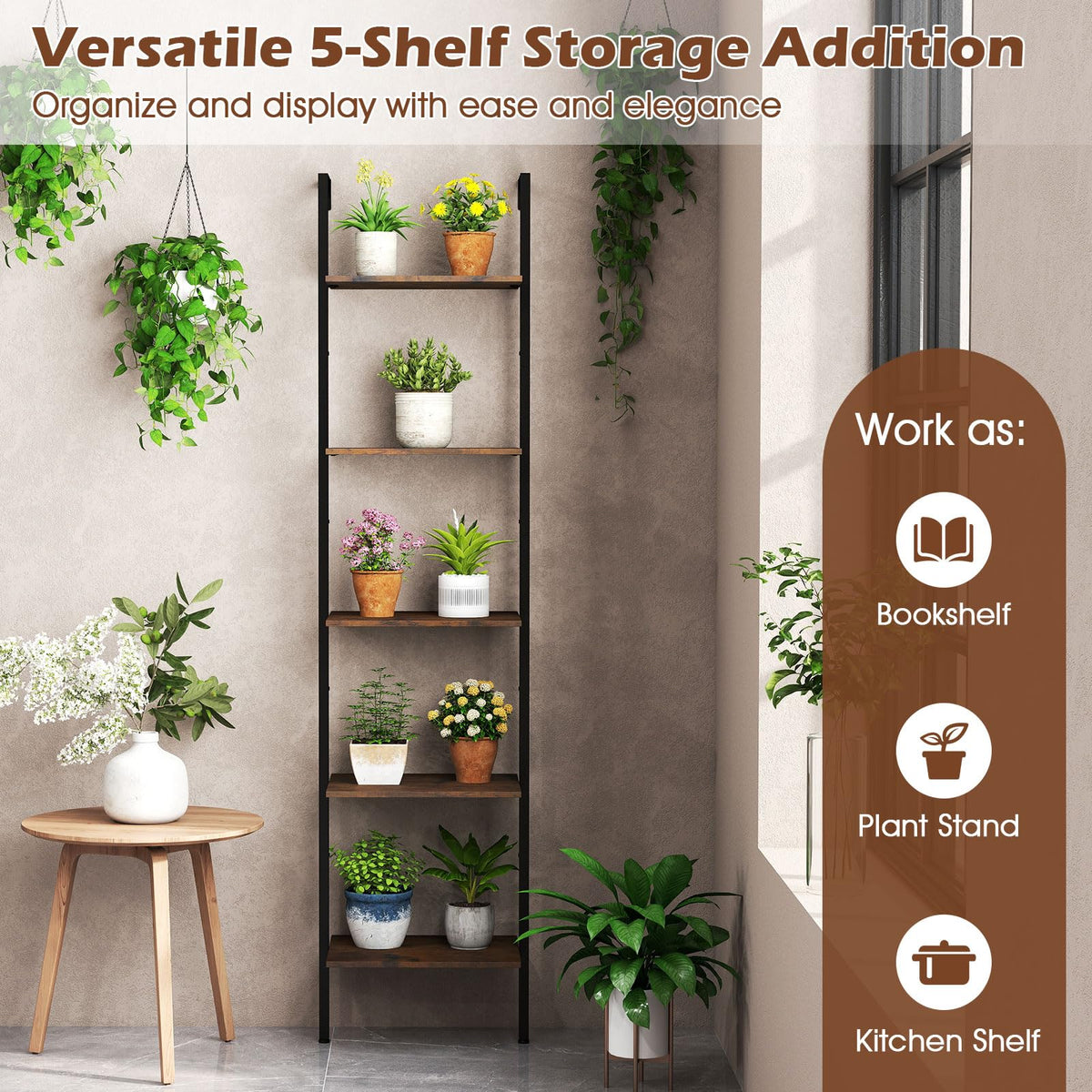 5 Tier Wall Mount Ladder Shelf with Metal Frame Y10841
