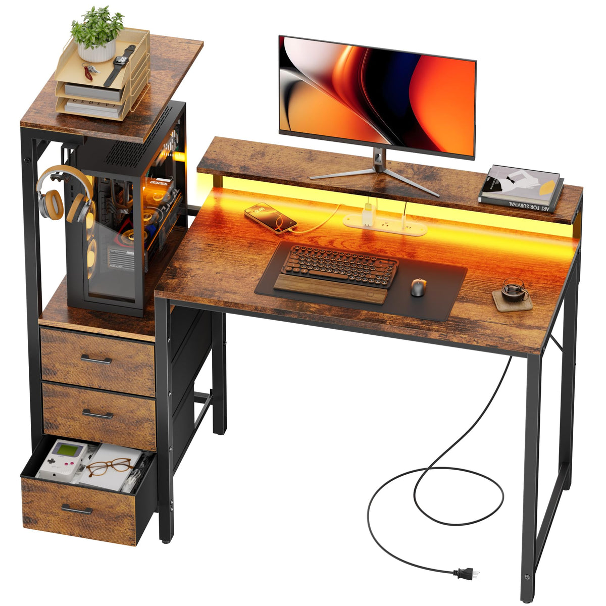 44 Inch Gaming Desk with Power Outlets & LED Lights M8223