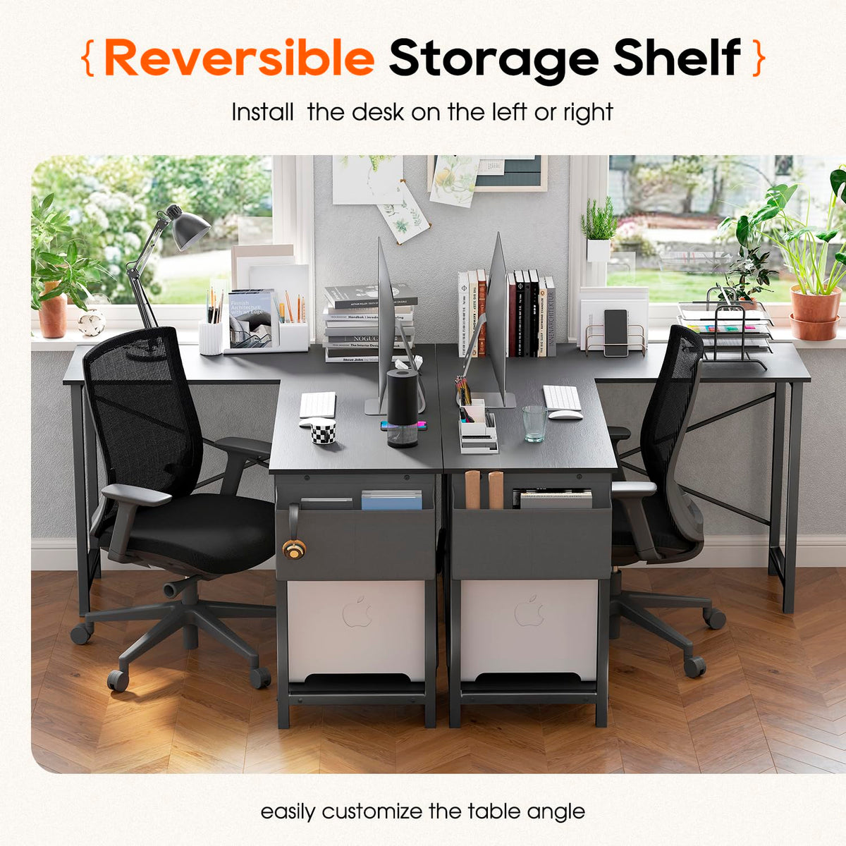 50 Inch Black L-Shaped Desk with Side Storage Bag & CPU Stand T465