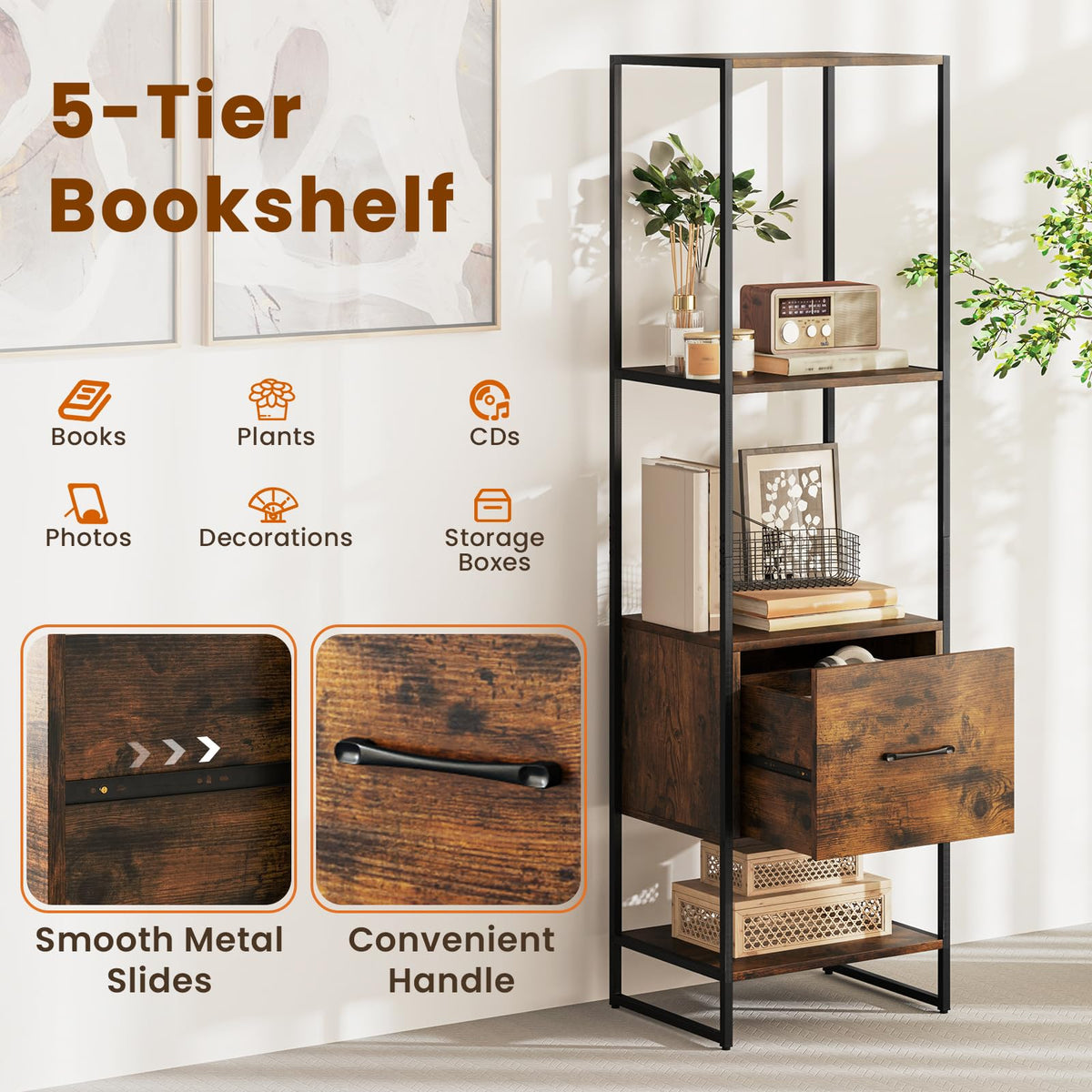 5-Tier Bookshelf with Drawer Narrow Bookcase O32708
