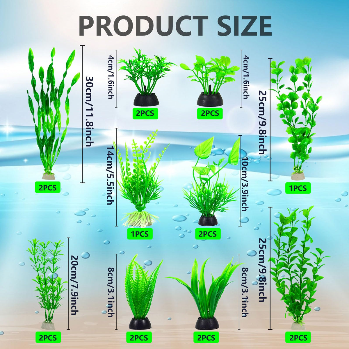 Artificial Aquarium Plants Set, Plastic Fish Tank Decorations (18pcs-Green) G567