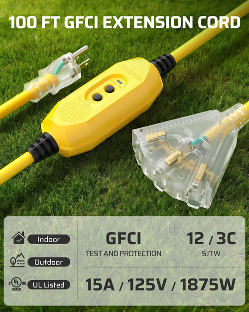 100FT GFCI Extension Cord 3 Prong Plug 12/3 AWG SJTW I67070