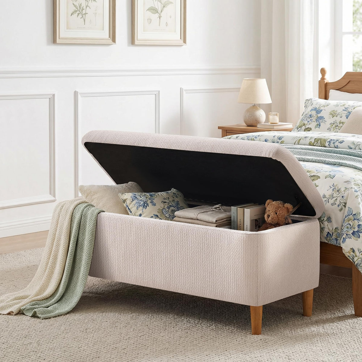 Beige Upholstered Storage Ottoman with Wooden Legs W892