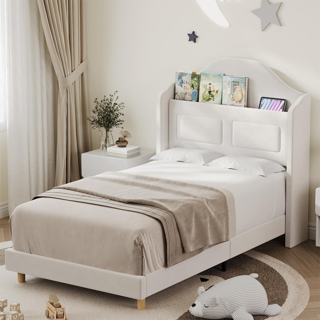 Beige Upholstered Platform Bed with LED Lights Y767145