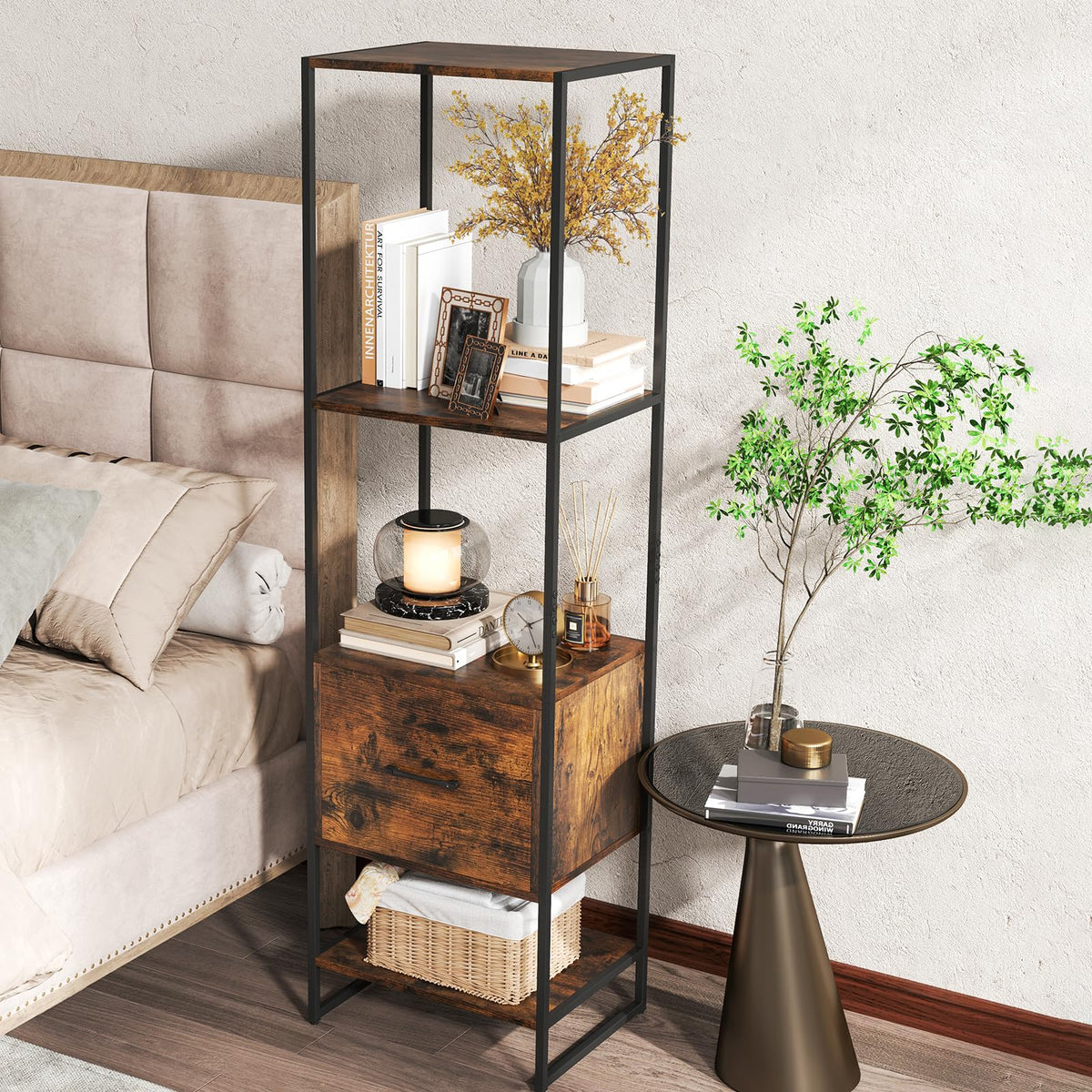 5-Tier Bookshelf with Drawer Narrow Bookcase O32708