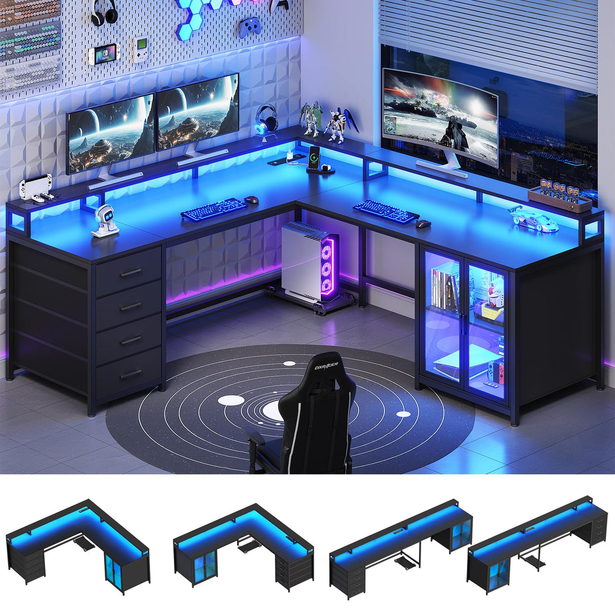 L Shaped Gaming Desk with 4 Drawers and Power Outlet, Black P37183