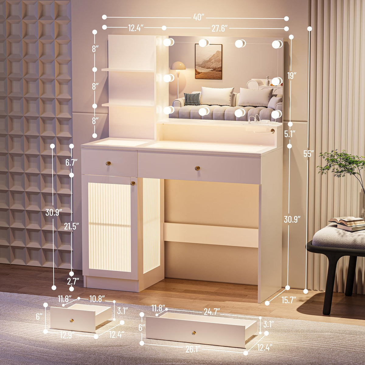 40" White Vanity Desk with Mirror and Lights P482986