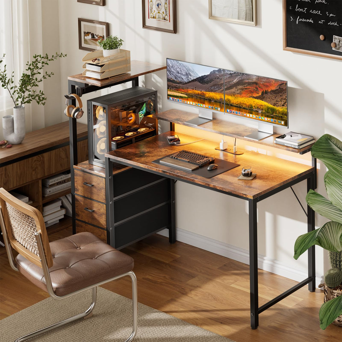 44 Inch Gaming Desk with Power Outlets & LED Lights M8223