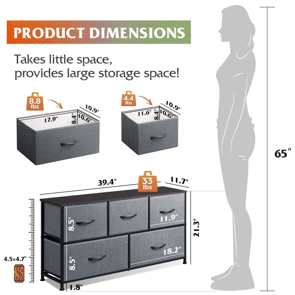 Wide 5 Drawer Dresser Dark Grey D3233