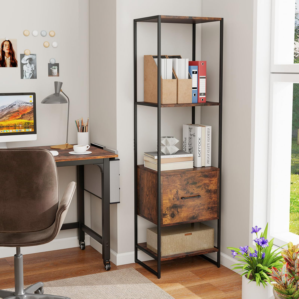 5-Tier Bookshelf with Drawer Narrow Bookcase O32708