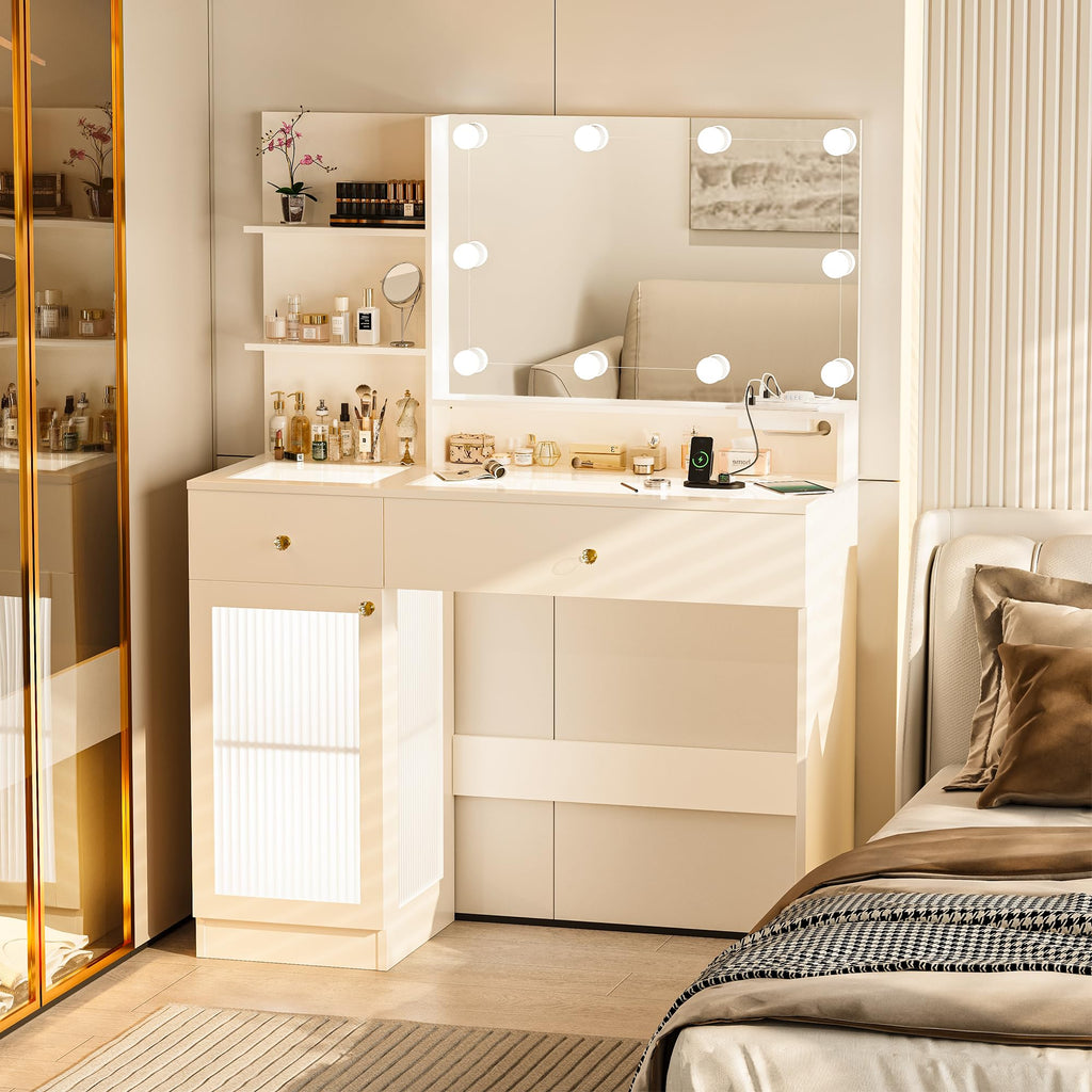 40" White Vanity Desk with Mirror and Lights P482986