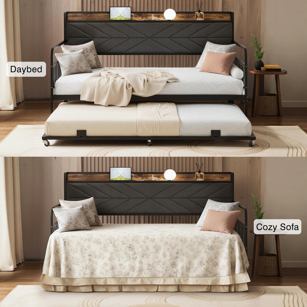 Black Metal Twin Daybed with Trundle and Storage Headboard A525