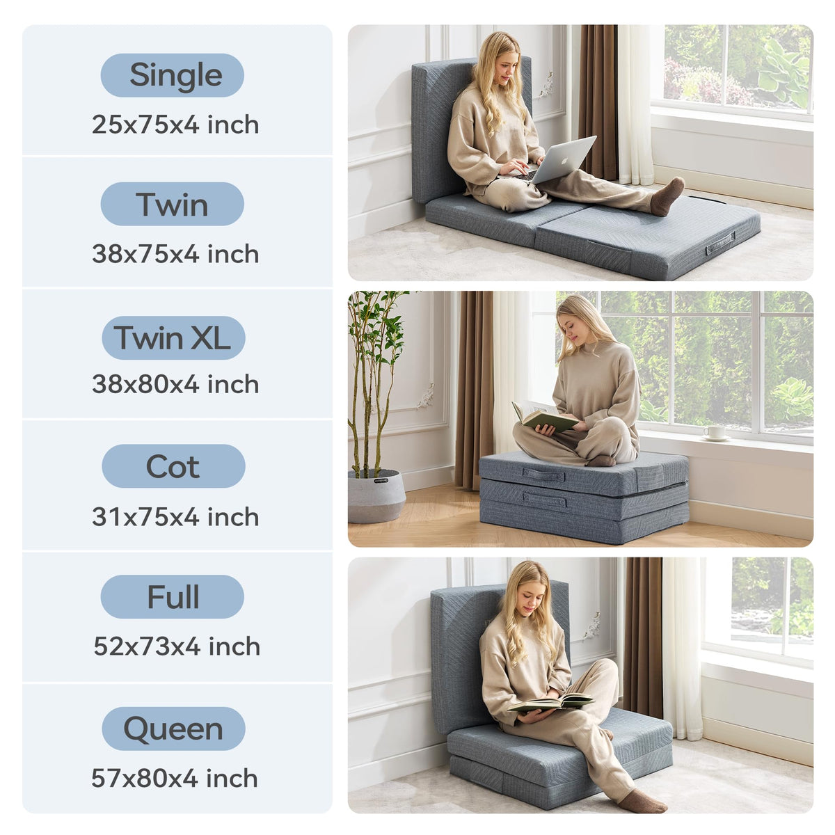 3.95" Memory Foam Topper Queen Size Foldable Floor Mat D501946