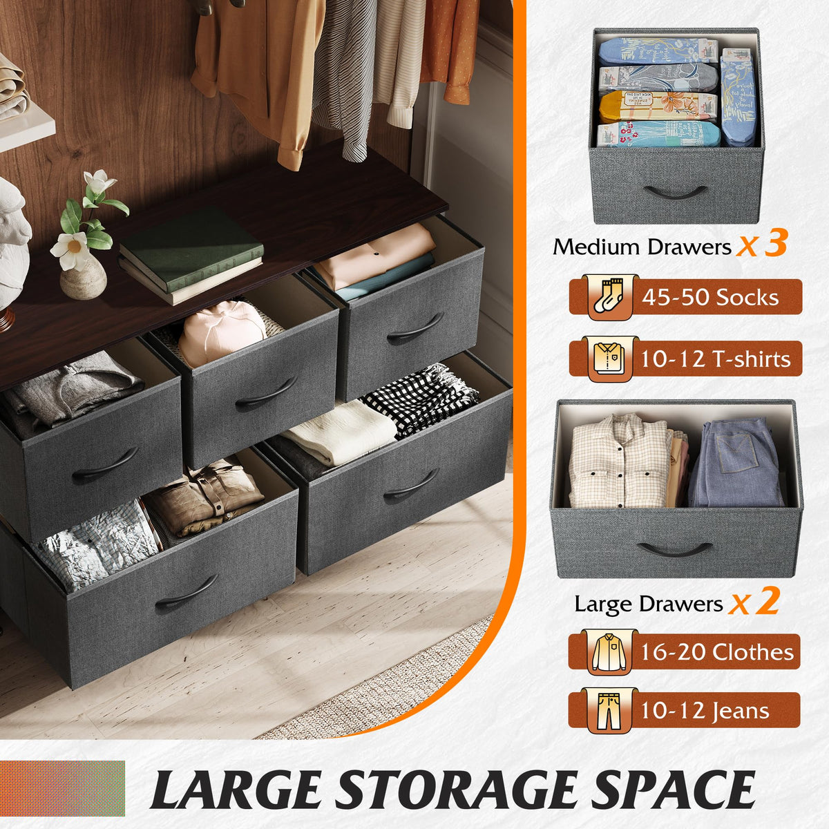 Wide 5 Drawer Dresser Dark Grey D3233