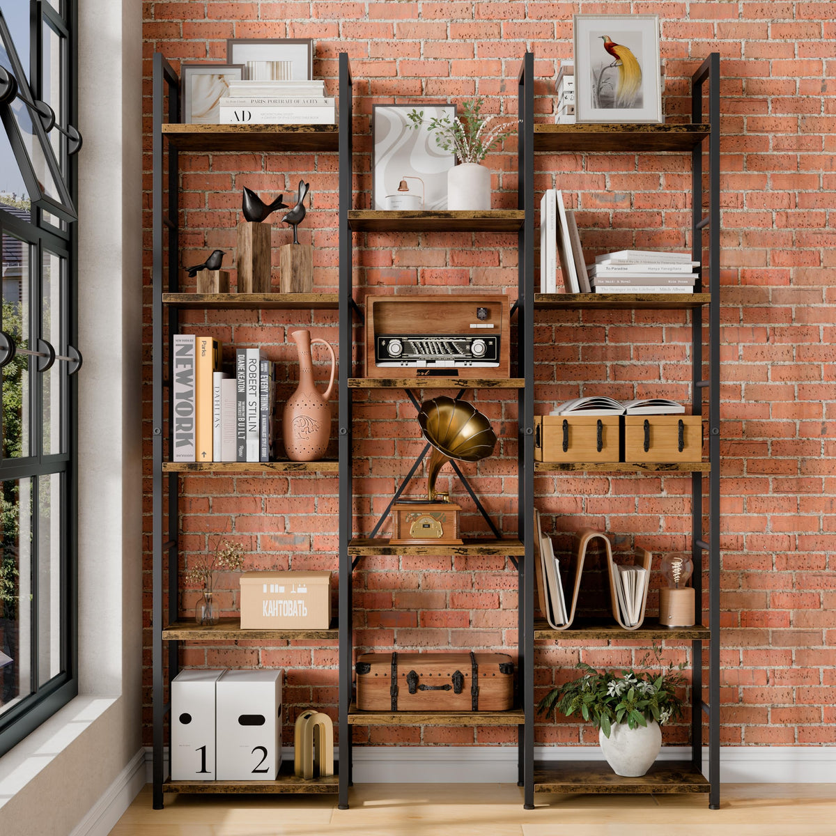 5 Tier Metal Bookshelf with Rustic Brown Shelves J374