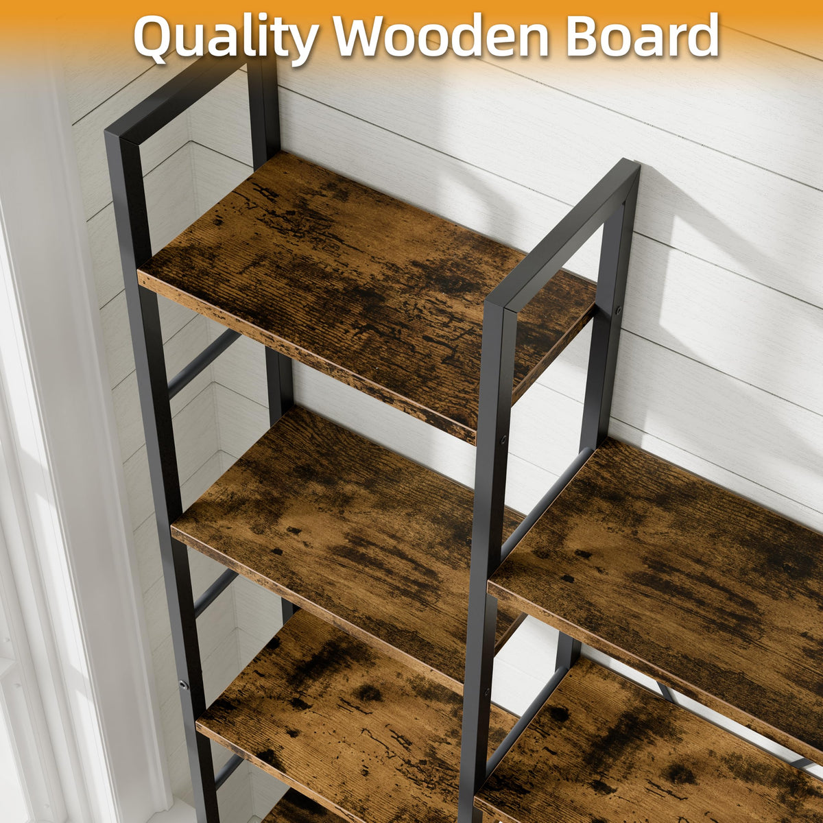 5 Tier Metal Bookshelf with Rustic Brown Shelves J374