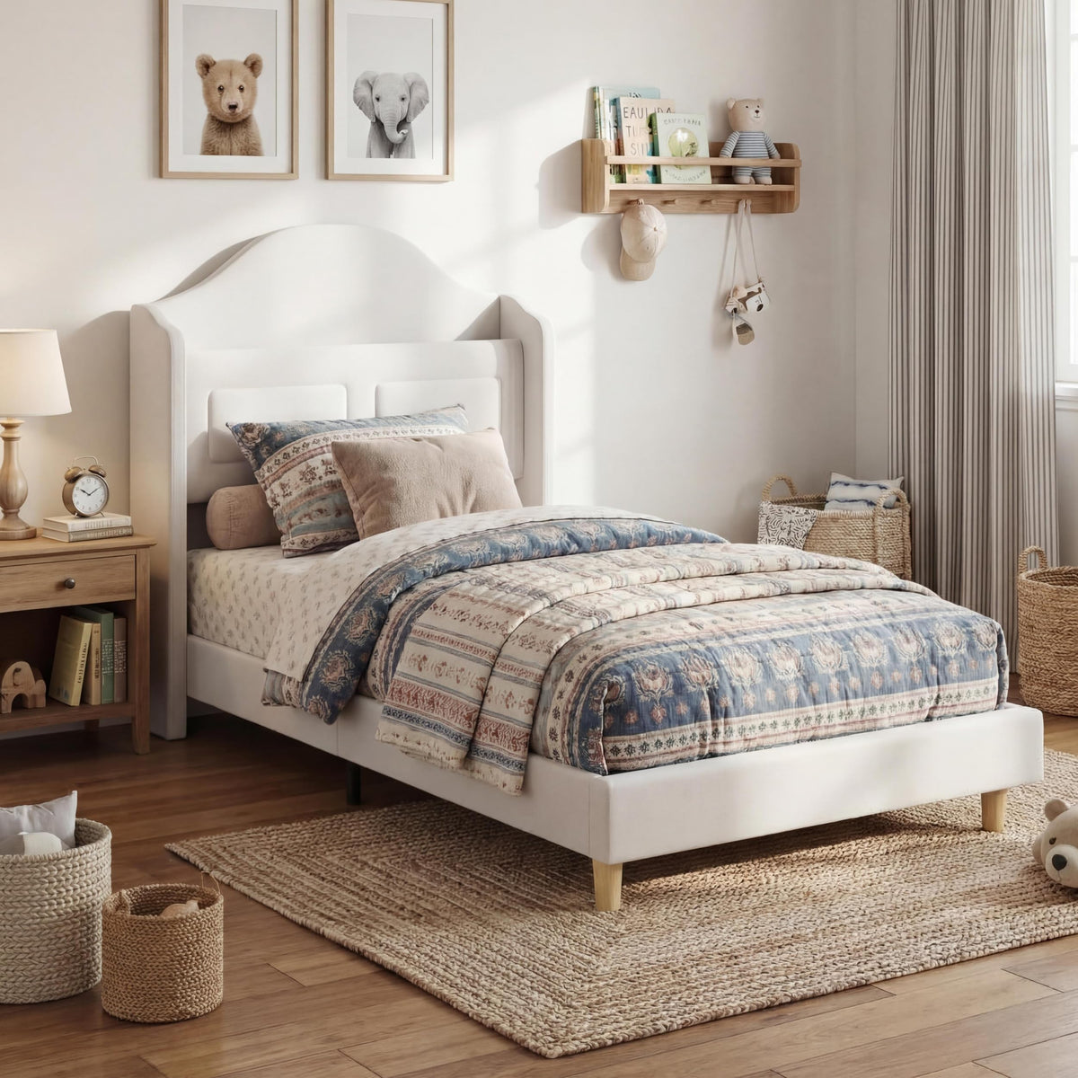 Beige Upholstered Platform Bed with LED Lights Y767145