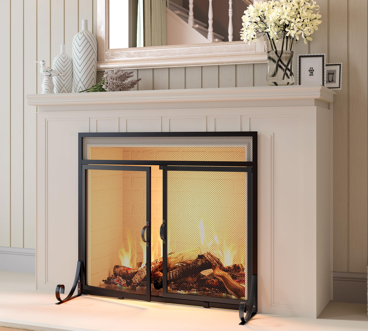 Heavy Duty Steel Mesh Fireplace Screen with Double Doors M6079