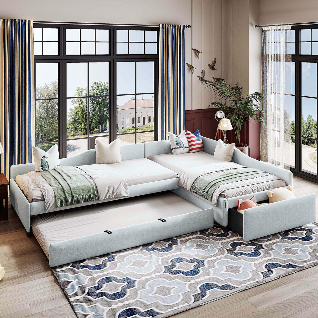 L Shaped Twin Corner Bed with Trundle and Storage Drawer Z54646