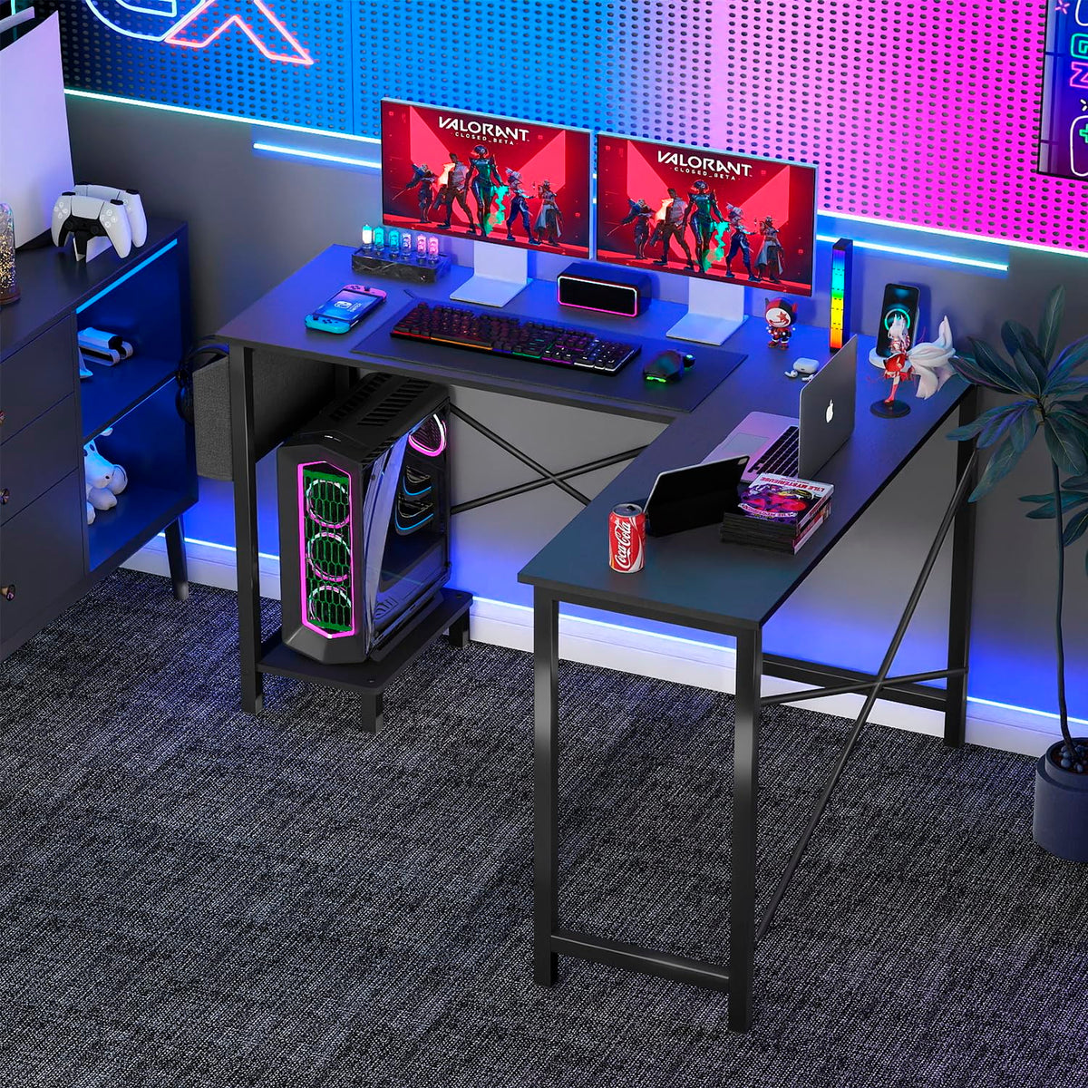 50 Inch Black L-Shaped Desk with Side Storage Bag & CPU Stand T465
