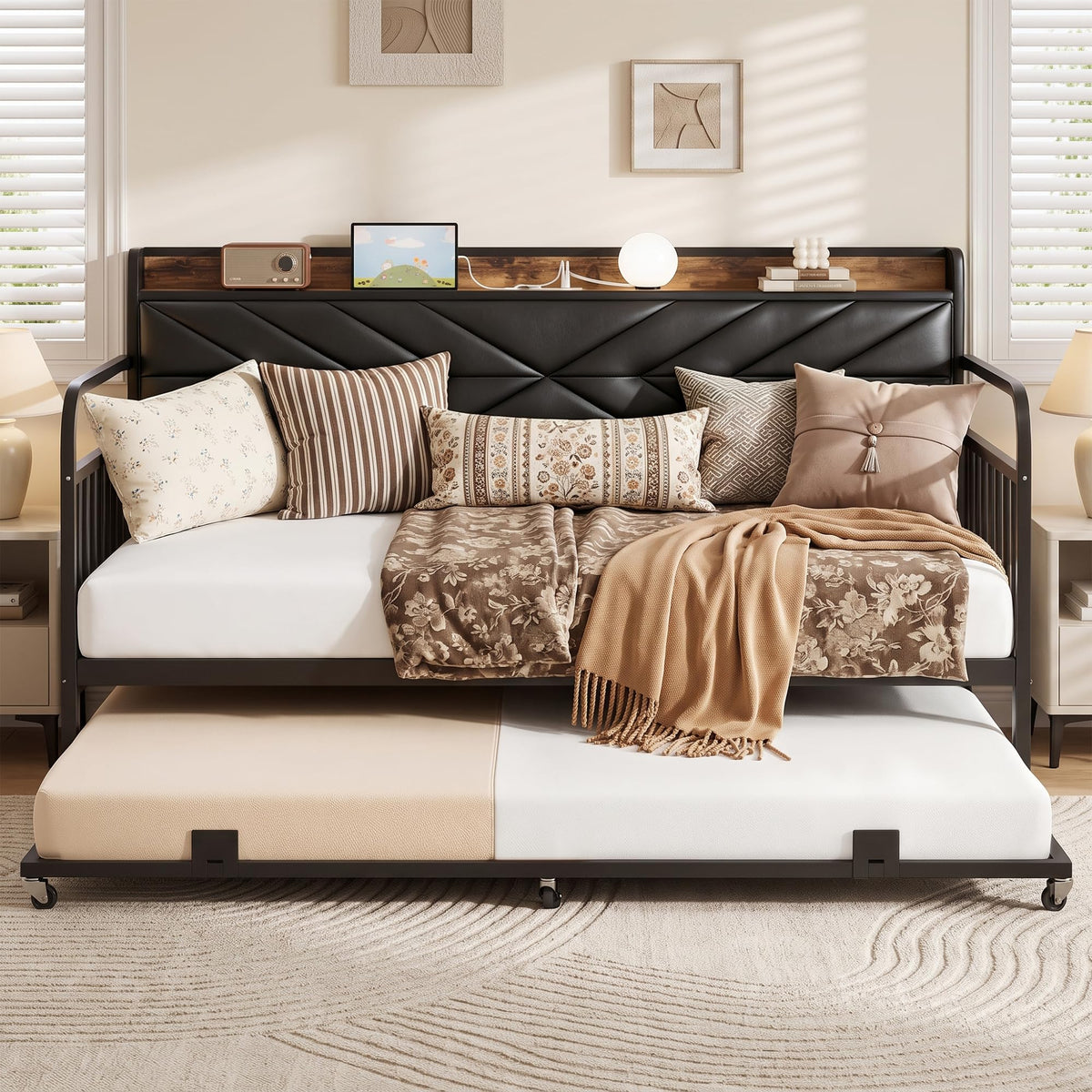 Black Metal Twin Daybed with Trundle and Storage Headboard A525